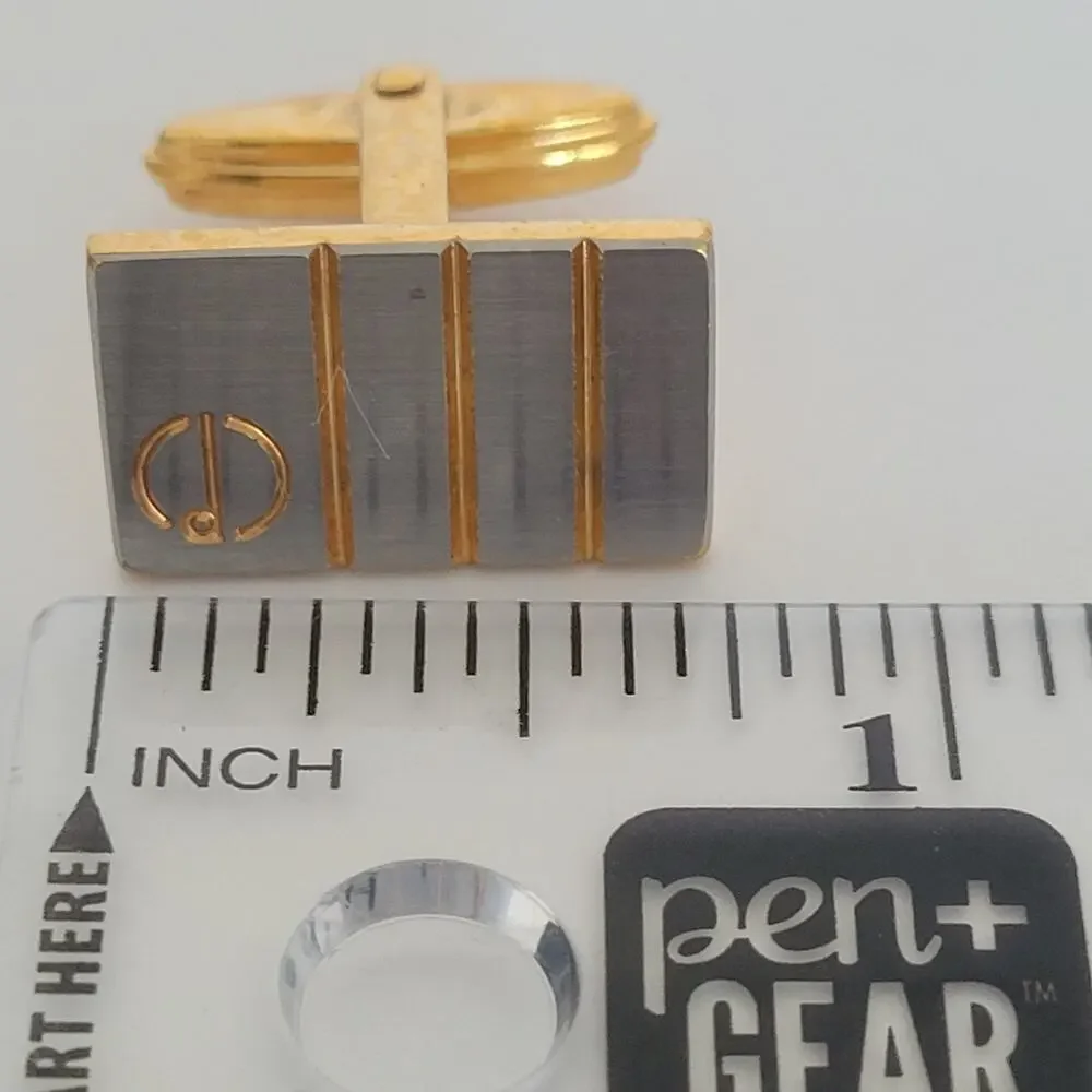 Dunhill D Cufflinks Silver Gold Tone Logo Rectangle Logo Retro Stripped Vintage